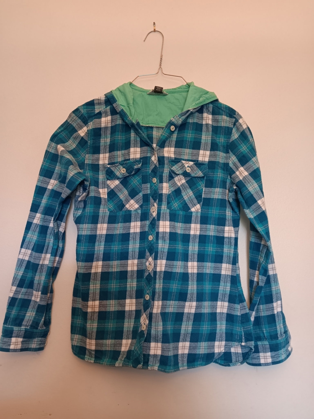 Eddie Bauer Teal & White Plaid Hooded Button-Down Shirt (Price Is Firm)